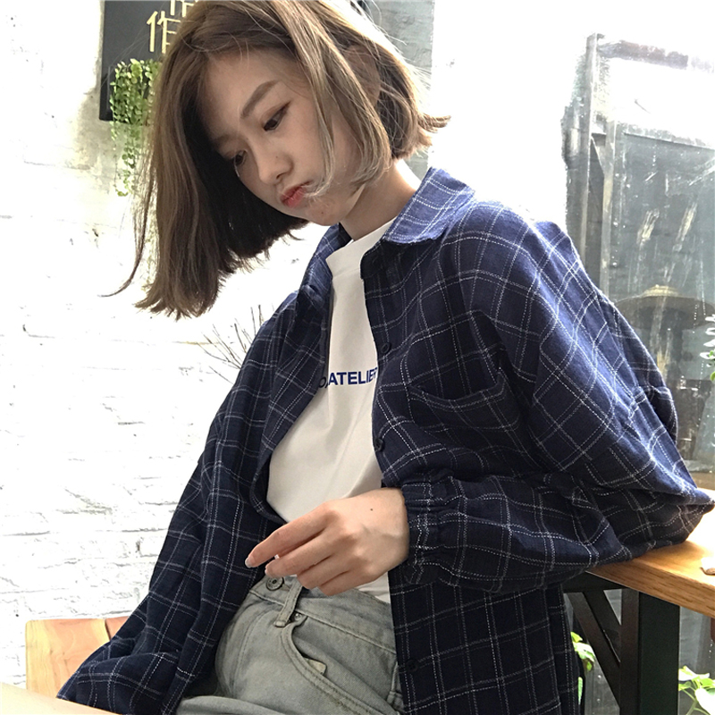 秋裝女裝韓版寬松百搭中長款長袖格子襯衫翻領襯衣上衣外套顯瘦潮