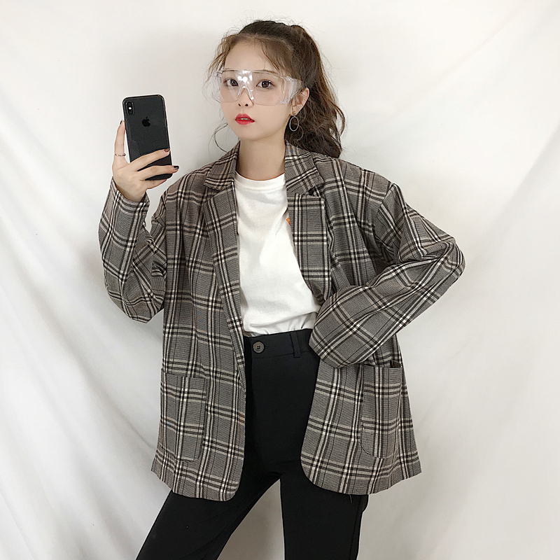 夏季女裝韓版薄款寬松百搭顯瘦格子西服長袖休閑開衫上衣外套學生