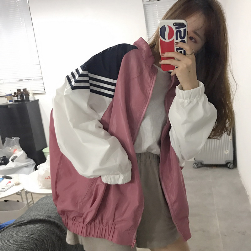 秋季女裝韓版撞色BF風寬松拉鏈長袖外套學生休閑夾克棒球服上衣潮