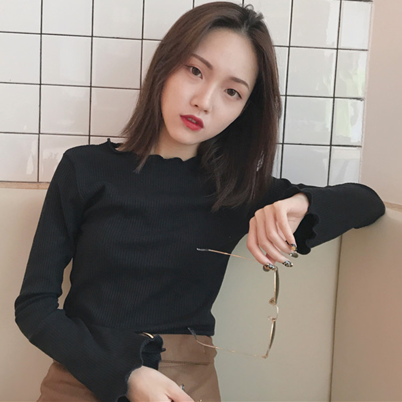 初秋新款女裝螺紋喇叭袖長袖純色修身顯瘦學生百搭打底衫T恤上衣