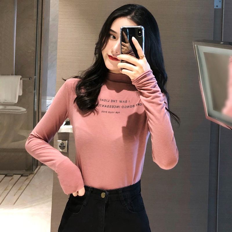 冷系女裝T恤打底衫秋裝新款小高領長袖體恤港味復古修身字母上衣