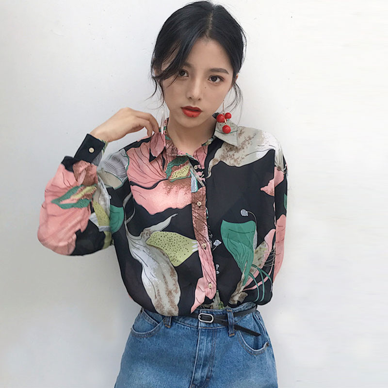 早春新款女裝港味復古寬松顯瘦大花氣質翻領學生排扣長袖雪紡襯衫