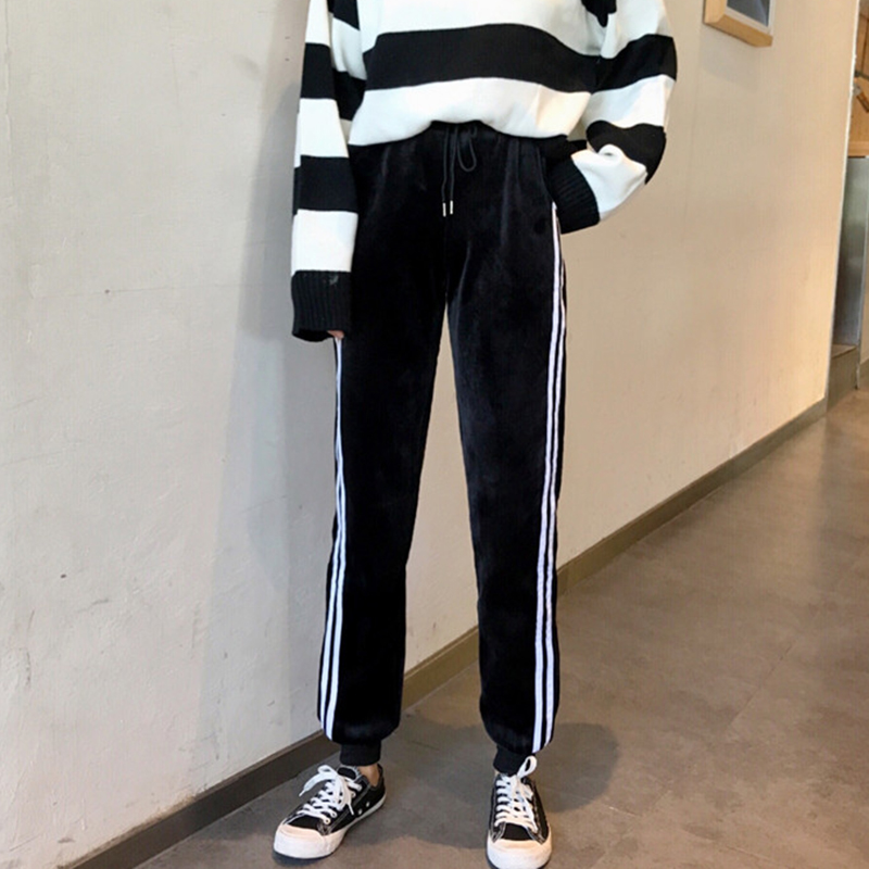 加絨運動褲女冬裝2018新款韓版寬松條紋哈倫褲學生高腰休閑長褲子