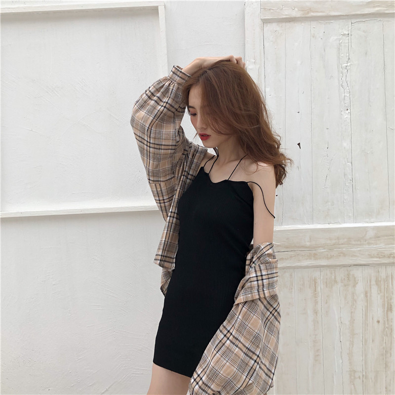 寬松格子長袖防曬襯衫女+掛脖包殿針織吊帶連衣裙時髦套裝分開拍