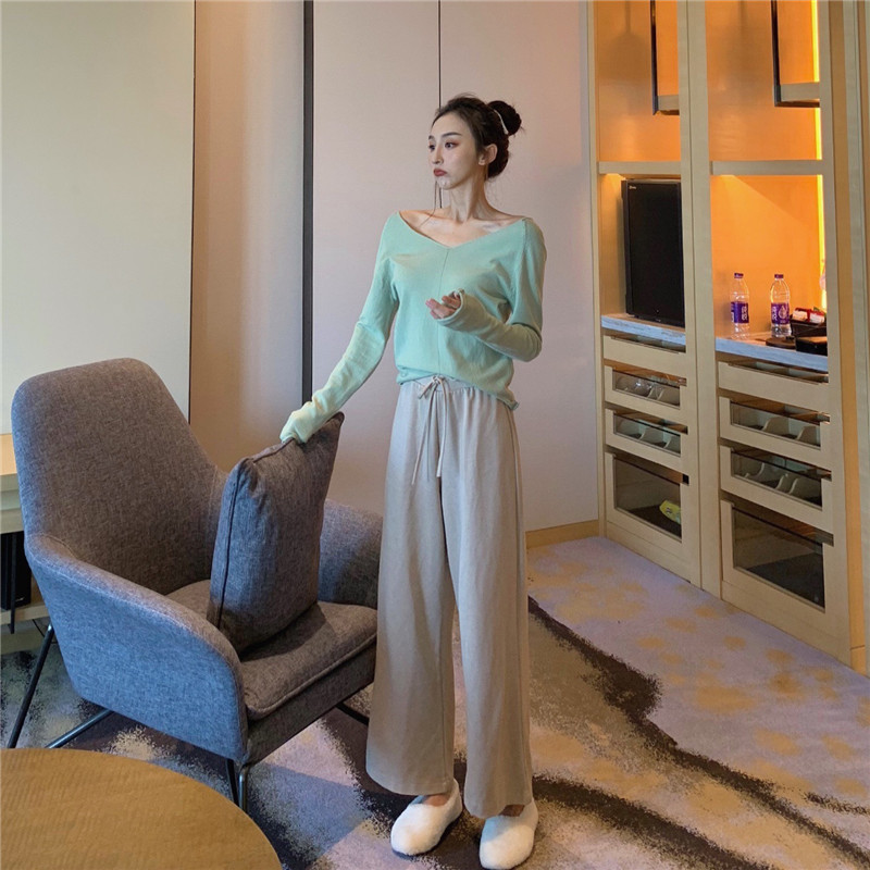 韓版秋裝女2018新款純色百搭V領針織上衣+休閑褲時尚套裝兩件套潮