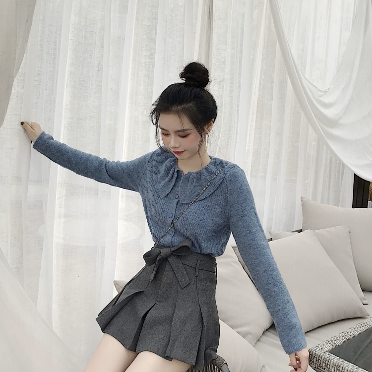 韓版娃娃領系扣長袖針織開衫毛衣外套+高腰系帶蝴蝶結百褶裙褲女