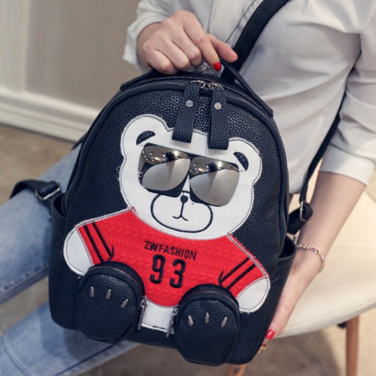 新款韓版卡通小熊雙肩包潮流女士背包個性眼鏡熊學院風書包